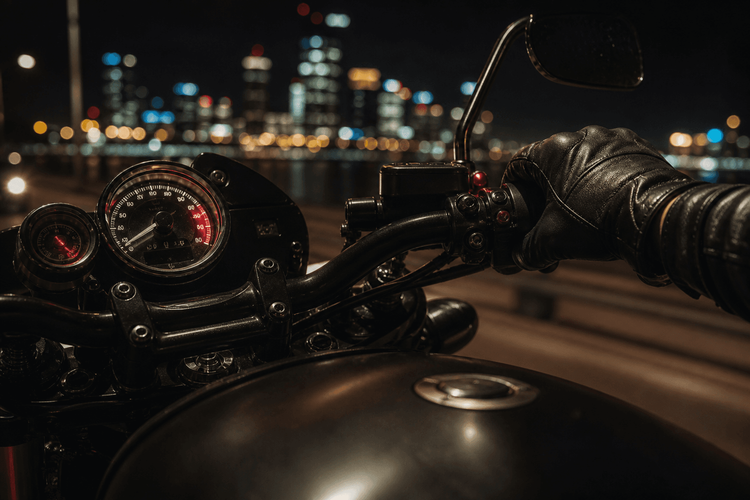 Motorcycle at night with Perth city lights in the background