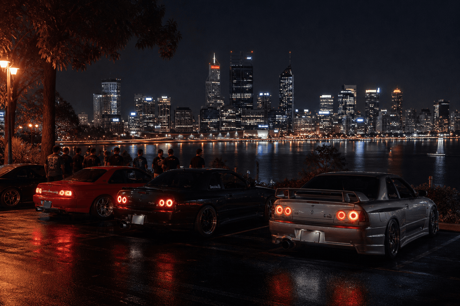 Street cars parked at a night meetup with the Perth city skyline